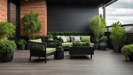 Rooftop terrace scene with dark wood flooring, green plants, a brick fence, and stylish black garden furniture in a contemporary setting.