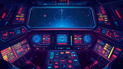 Obraz premium Futuristic spaceship cockpit interior. future spacecraft control panels technology, space travel concept. generative ai. Spaceship Interior. Illustration