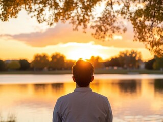 Fototapeta premium Serene Student by Campus Lake at Sunset