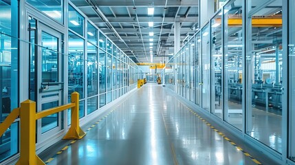 Fototapeta premium A state-of-the-art manufacturing facility producing sleek, energy-efficient plastic windows, with rows of shimmering glass panes and precision machinery