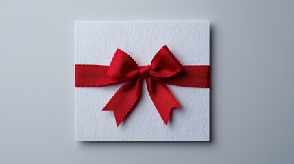 Clean white Christmas card with a red ribbon bow in the center, Minimalist holiday card, simple elegance