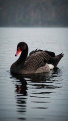 Obraz premium Single swan swimming in calm water, natural setting with greenery in background