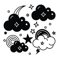 Black and white set of nature objects Vector cartoon collection of weather icons