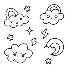Black and white set of nature objects Vector cartoon collection of weather icons