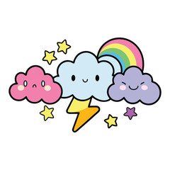 Funny kawaii clouds Cute cartoon sky and weather characters Hand drawn style