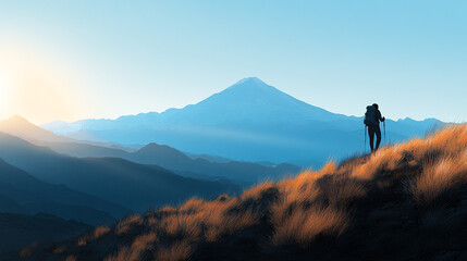 Fototapeta premium Hiker enjoying the breathtaking view during National Hiking Day in a tranquil mountain landscape