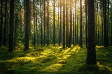 Obraz premium Sunbeams Illuminating a Mossy Forest Floor