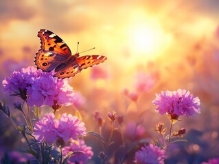 Obraz premium A vibrant butterfly resting on pink flowers in a field during a sunset.