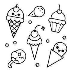 Cute hand drawn kawaii cartoon characters ice cream with smiling faces fun happy doodles for kids