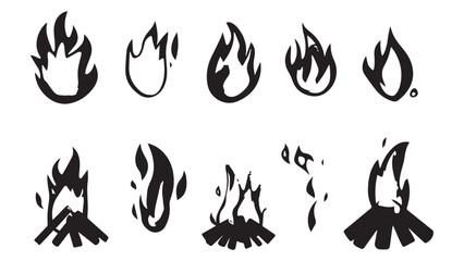 silhouette Cartoon campfire set in flat, black silhouette white background
