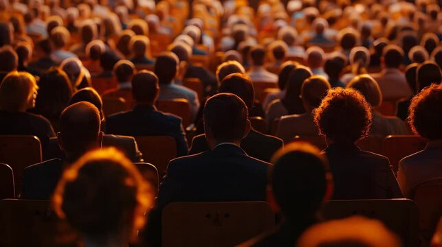 Audience attending a business conference in a large hall. Silhouettes of people listening to a presentation. 4K footage showcases a professional environment with speakers, presentations and listeners.