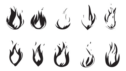 silhouette Cartoon campfire set in flat, black silhouette white background
