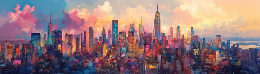 Obraz premium Aerial view of a vibrant utopian cityscape, blending surreal art movements, colorful skyline, imaginative architecture, dazzling clouds