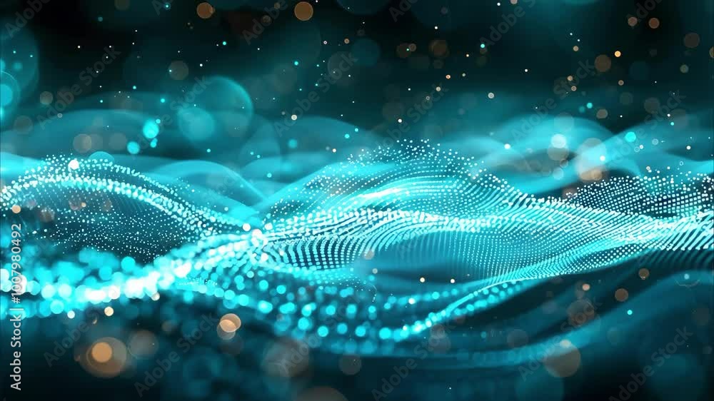 Poster an abstract design featuring flowing waves of light in shades of blue with glowing particles.