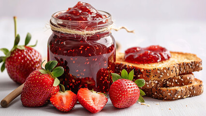 Homemade strawberry preserves or jam in a mason jar surrounded by fresh organic strawberries. Selective focus with blurred foreground and background. Generative AI.