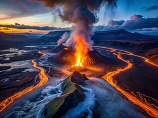A mesmerizing volcanic eruption lights up the Icelandic landscape at night, as a stunning lava fountain projects