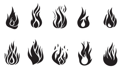 silhouette Cartoon campfire set in flat, black silhouette white background
