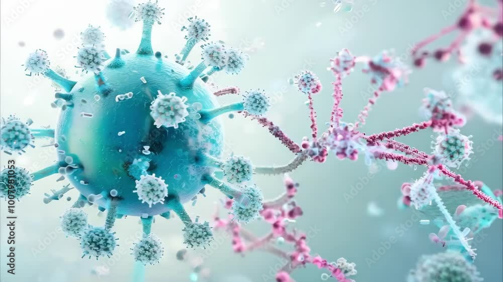 Aufkleber a microscopic view of viruses and cells, showcasing detailed structures and interactions at a cellul