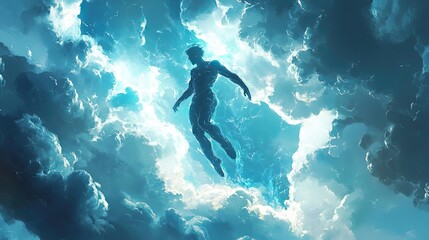 Dynamic low-angle perspective of a heroic figure leaping through clouds, digital art style bursting with energy