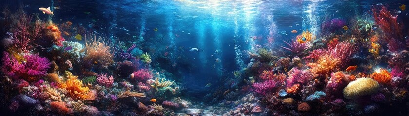 Enchanted underwater garden, vibrant marine life intertwined with gourmet dishes, surreal colors, breathtaking composition