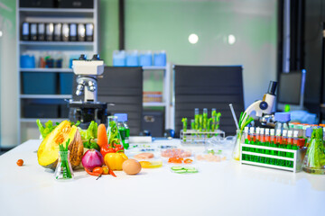 A detailed research concept in laboratory table setting, focused on food ingredients vegetables and meat. Test tubes, microscopes, lab equipment used to analyze nutritional extracts and vitamins.