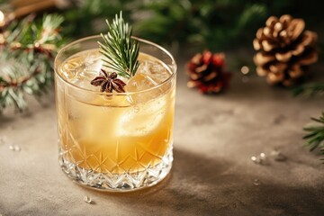 A Glass of Golden Drink with Ice, Star Anise, and Pine Sprig