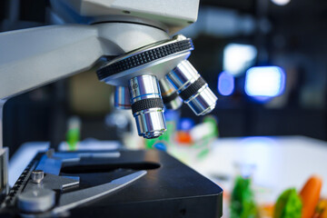 A detailed research concept in laboratory table setting, focused on food ingredients vegetables and meat. Test tubes, microscopes, lab equipment used to analyze nutritional extracts and vitamins.