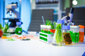 A detailed research concept in laboratory table setting, focused on food ingredients vegetables and meat. Test tubes, microscopes, lab equipment used to analyze nutritional extracts and vitamins.