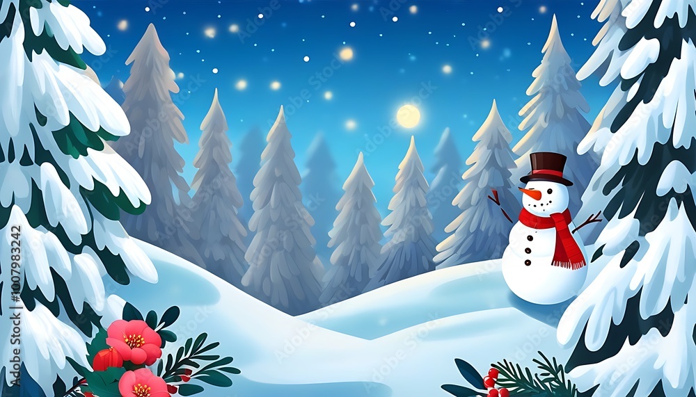 Wall mural christmas card with snowman design in a forest night scene