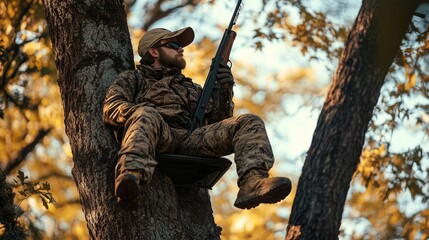 Hunter sitting in a tree stand during autumn, preparing for a deer hunt with a rifle in a forested area