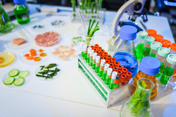 A detailed research concept in laboratory table setting, focused on food ingredients vegetables and meat. Test tubes, microscopes, lab equipment used to analyze nutritional extracts and vitamins.