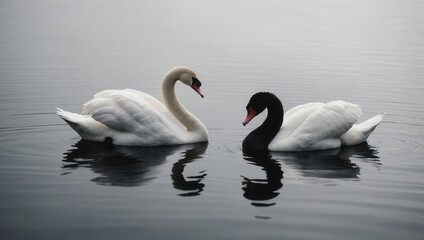 Fototapeta premium Composite image of two swans interacting on calm water with reflections