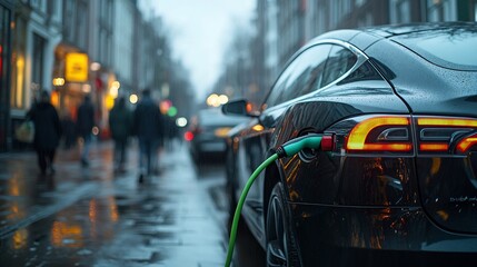 A black electric car is plugged in on a city street with pedestrians walking by.