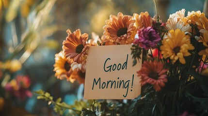Good morning! A bouquet of flowers with a note saying good morning