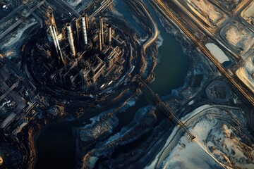 Aerial View of an Industrial Site with Water Features and Piping