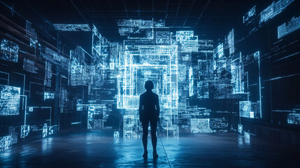 Obraz premium Woman in a Blue Digital Matrix Environment
