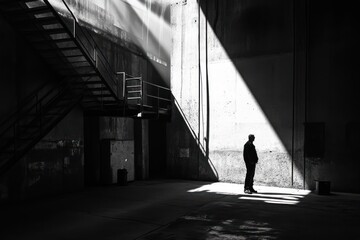 Solitary Figure Standing in a Sunlit Concrete Corridor