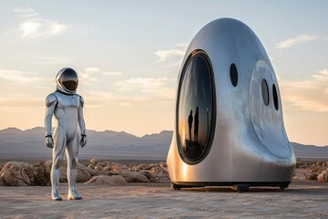 Obraz premium Astronaut in a silver spacesuit standing before a futuristic spacecraft in a desert landscape
