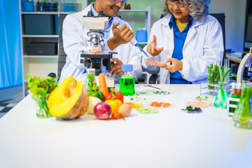 A reliable middle-aged Asian male researcher collaborates with experienced gray-haired elderly Asian female nutritionist in laboratory, food ingredients, extracts, their impact on nutrition health.