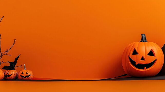 Bright Halloween jack-o'-lantern pumpkin with a glowing face against an orange background, designed as a banner with copy space for text. This vibrant Halloween concept offers clear focus, professiona