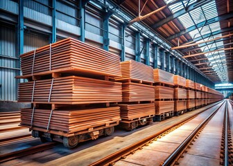Fototapeta premium Cathode copper sheets stacked on rail carriages inside a large industrial warehouse environment