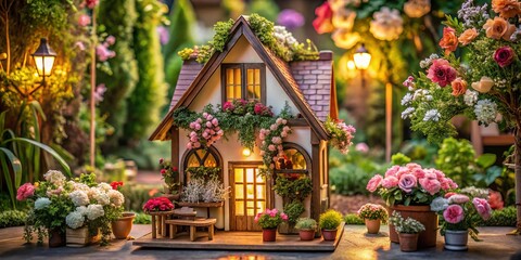 Fototapeta premium Charming Miniature House with Beautiful Floral Decor in a Cozy Indoor Setting for Home Decor Lovers