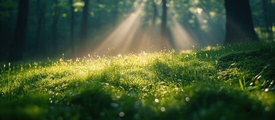 Obraz premium Sun rays shining through the trees, illuminating a field of green grass.