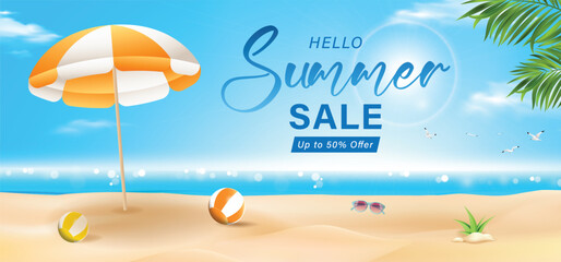 Summer sale horizontal promotional web banner, flyer, poster, greeting card