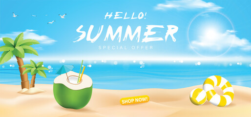 Coconuts fruit fresh, beach umbrella, summer holiday, coconut tree, pile of sand, on island beach background and blue sky and sea with the sunlight, vector illustration