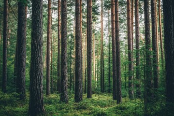 Fototapeta premium Dense Forest of Tall Trees with Lush Undergrowth
