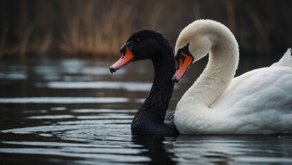 Fototapeta premium Two birds floating on calm water in serene, natural wetland environment