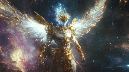 A celestial being with golden armor and radiant wings stands in a cosmic landscape.