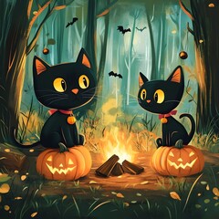Playful Black Cats Celebrate Halloween in Enchanted Woodland with Festive Pumpkins