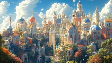 Obraz premium Low-angle view of vibrant utopian city, blending surrealism and futurism, art and nature in harmony, sunlight illuminating dreams